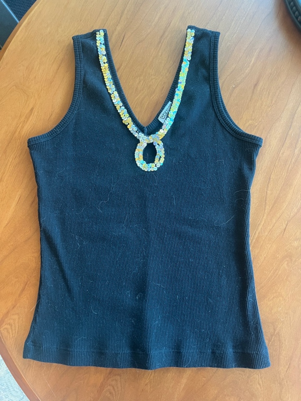 VENUS Black Ribbed V-Neck Tank with Iridescent Sequin Necklace Trim